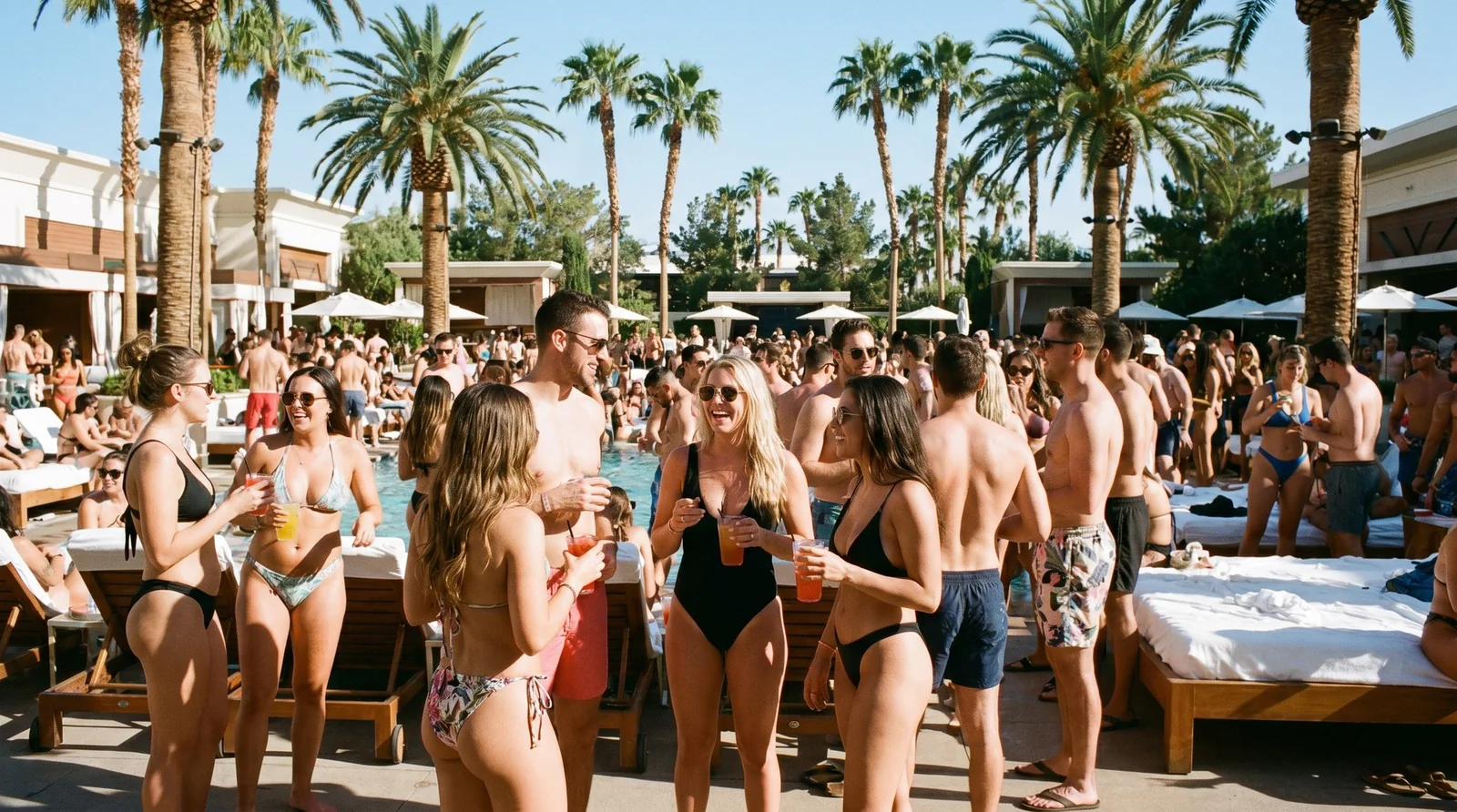 Crowd at a Las Vegas resort pool party with daybeds and palm trees in bright sunlight