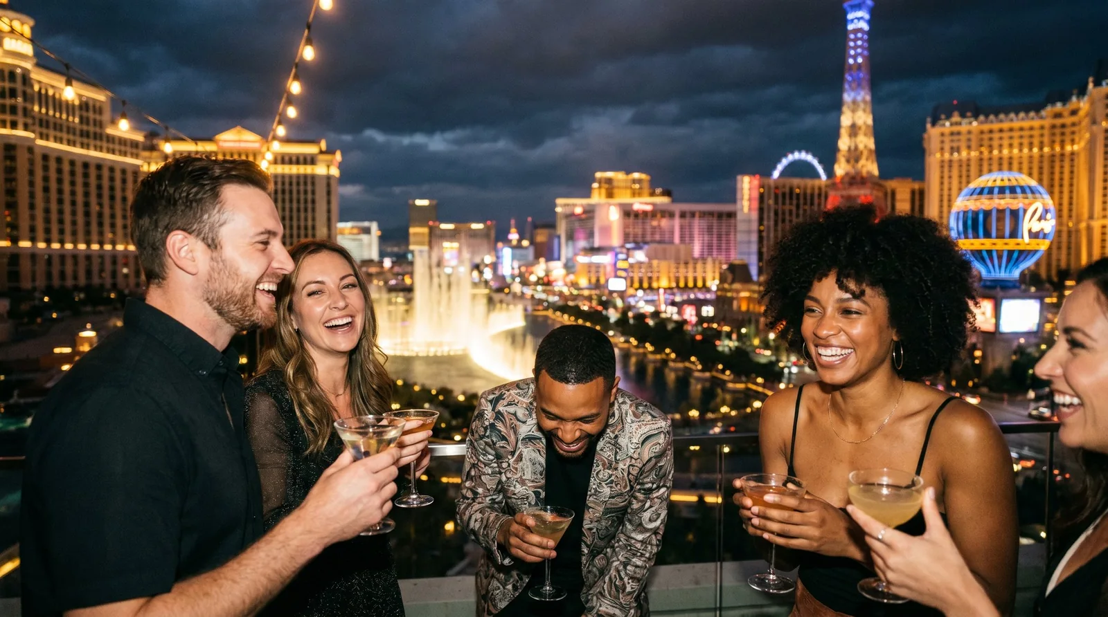 People socializing at a Las Vegas rooftop bar at night with the Strip skyline behind them