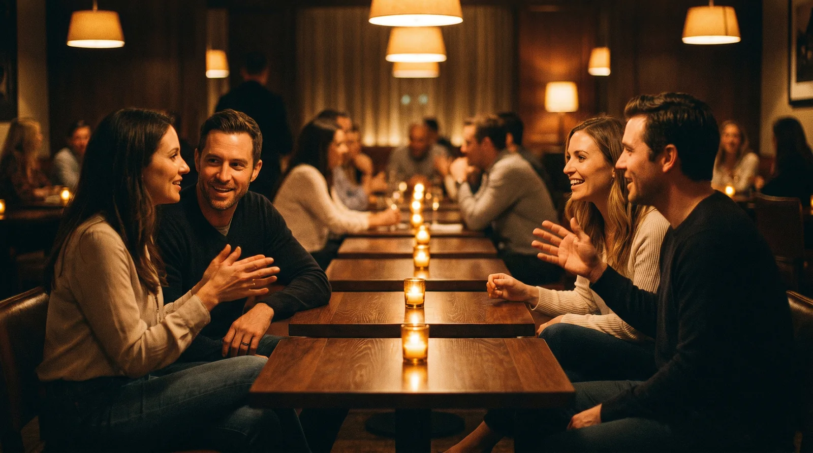 Pairs of people in conversation at small candlelit tables during a speed dating event