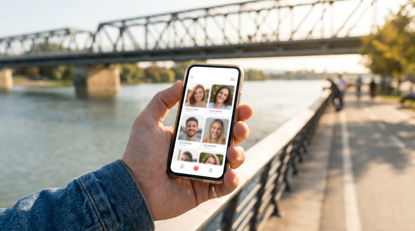 Hand holding a phone with a dating app open on a riverside path with a pedestrian bridge behind