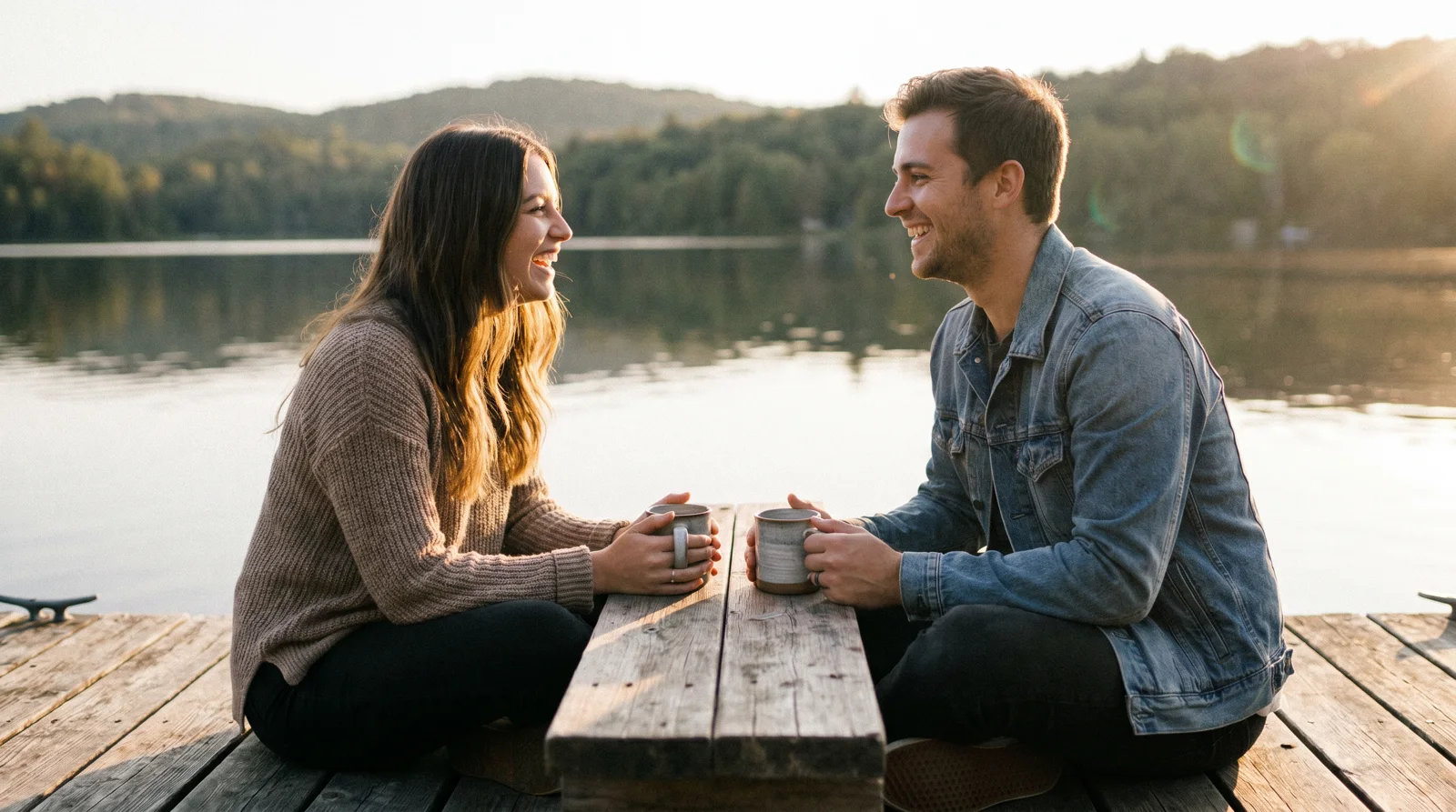 Couple on a relaxed date on a wooden dock over a calm Arkansas lake at golden hour