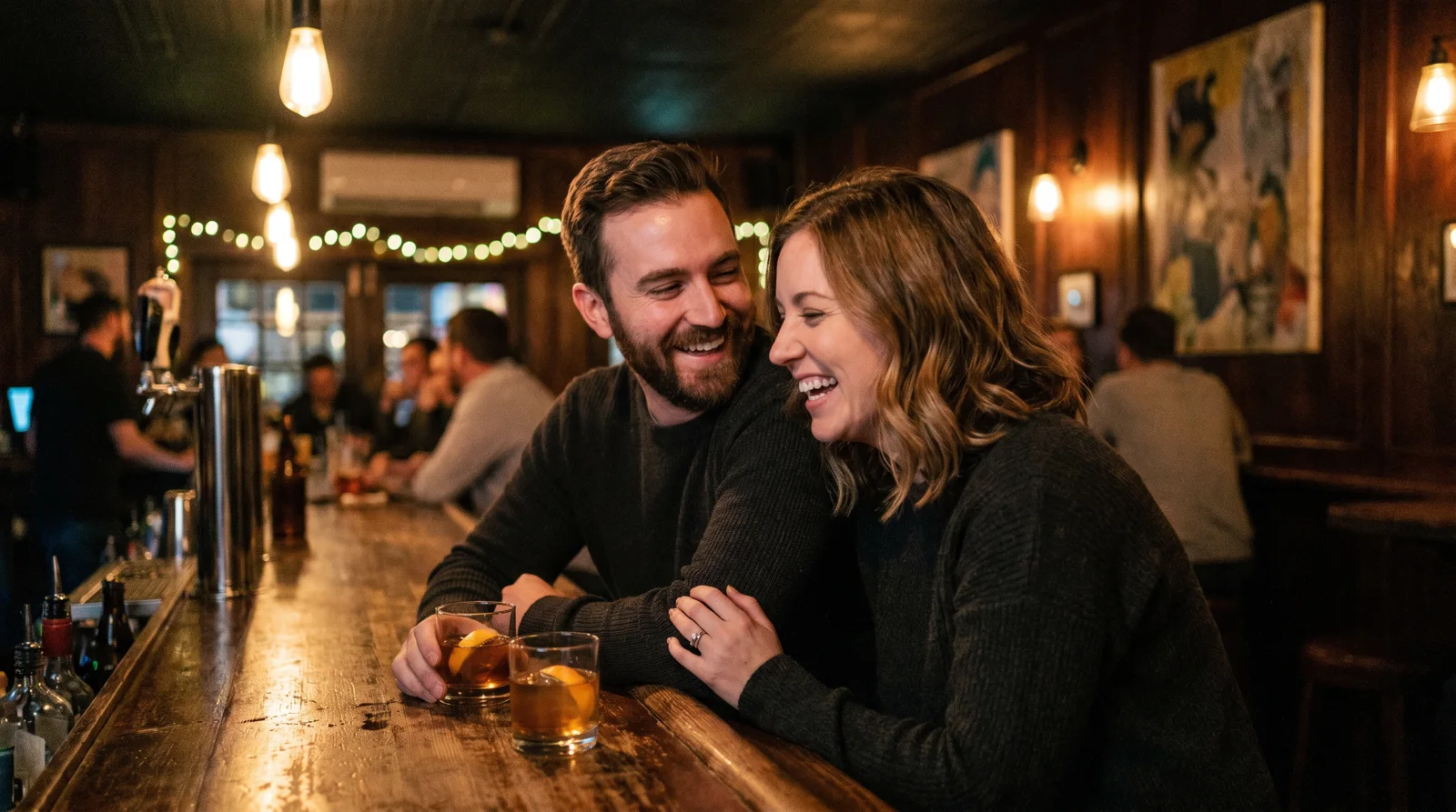 Man and woman laughing together over cocktails at a dimly lit Little Rock bar