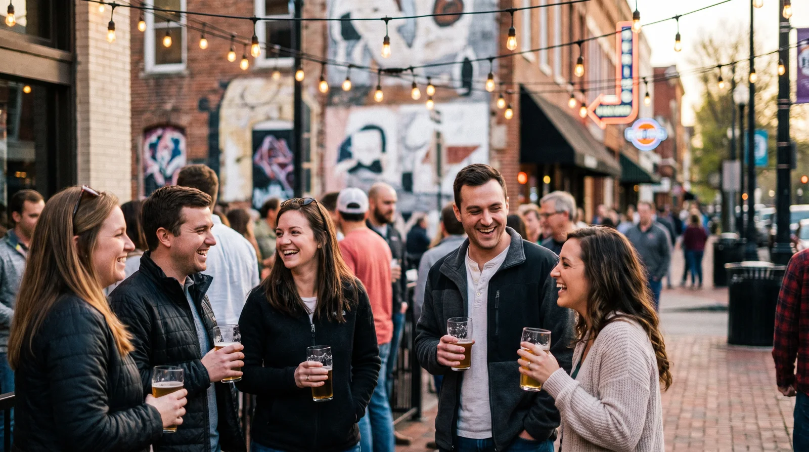 People chatting and laughing with drinks outside a row of brick bars on a warm evening