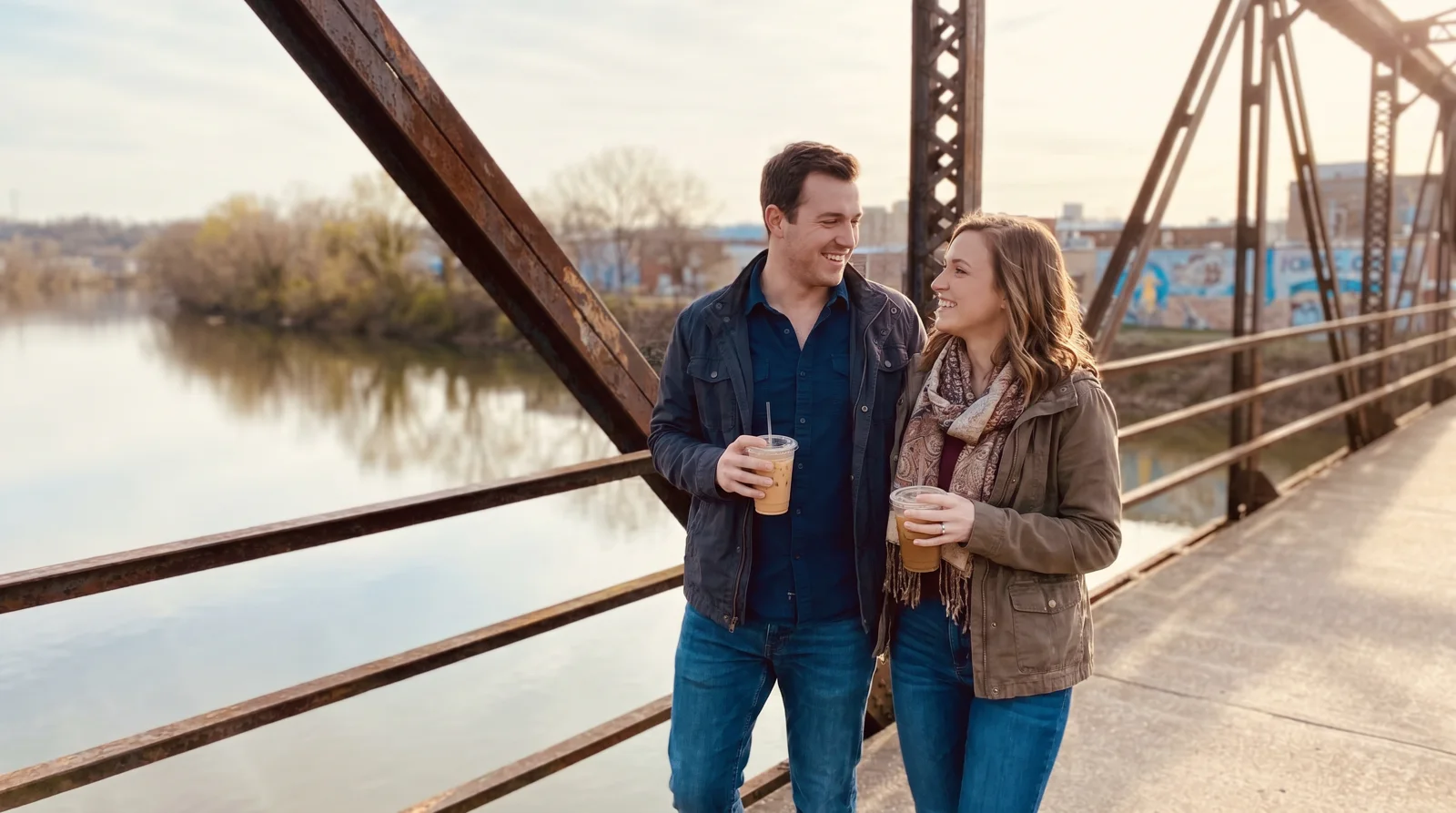 Man and woman on a relaxed daytime date walking across a pedestrian bridge over the Arkansas River