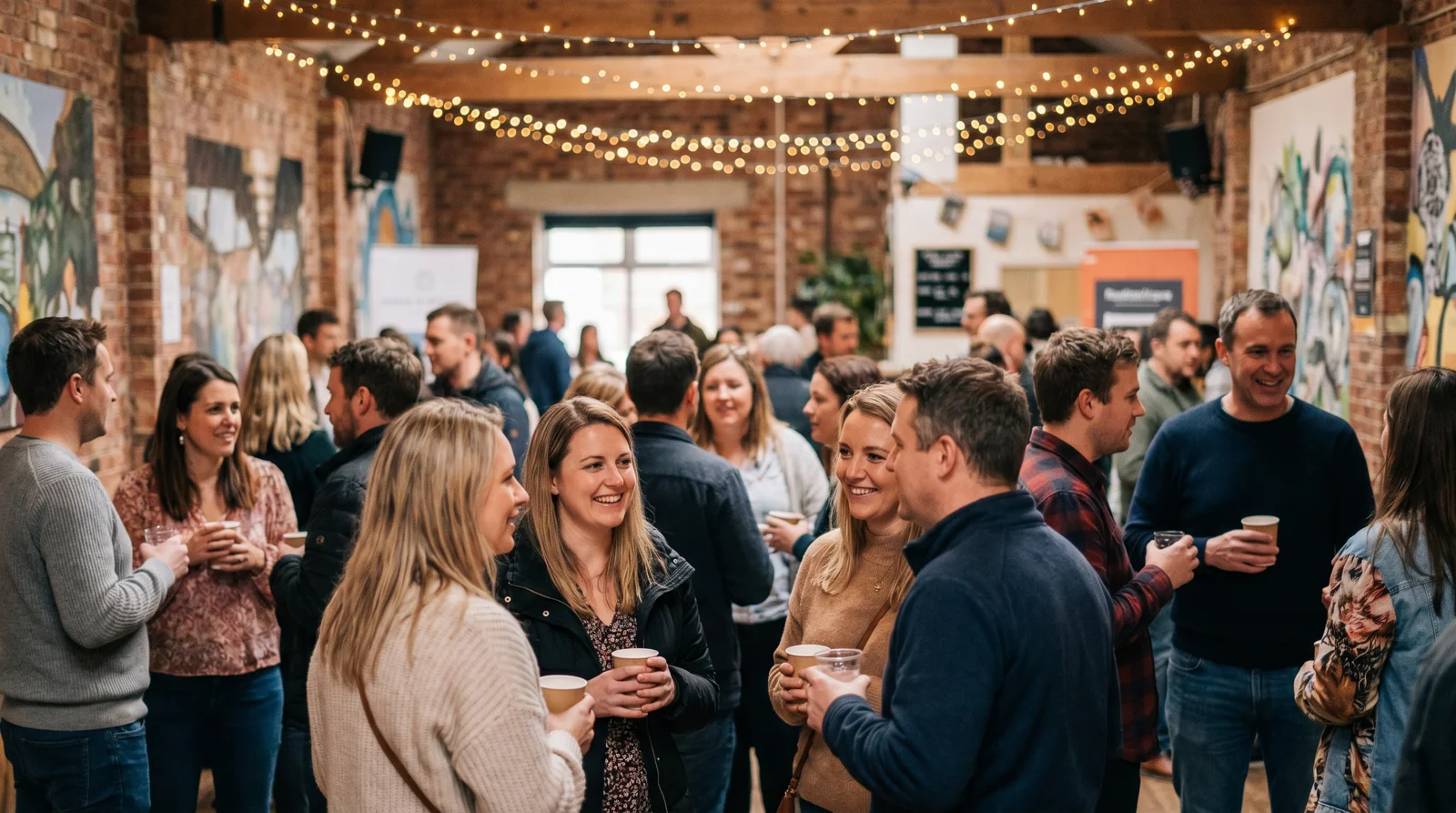 People mingling with drinks at a warm singles mixer in an exposed-brick venue