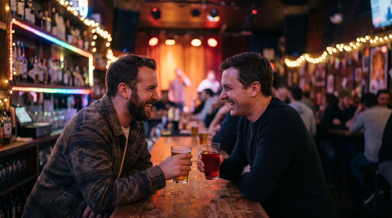 Two men laughing over colorful cocktails at a lively bar with rainbow accent lighting