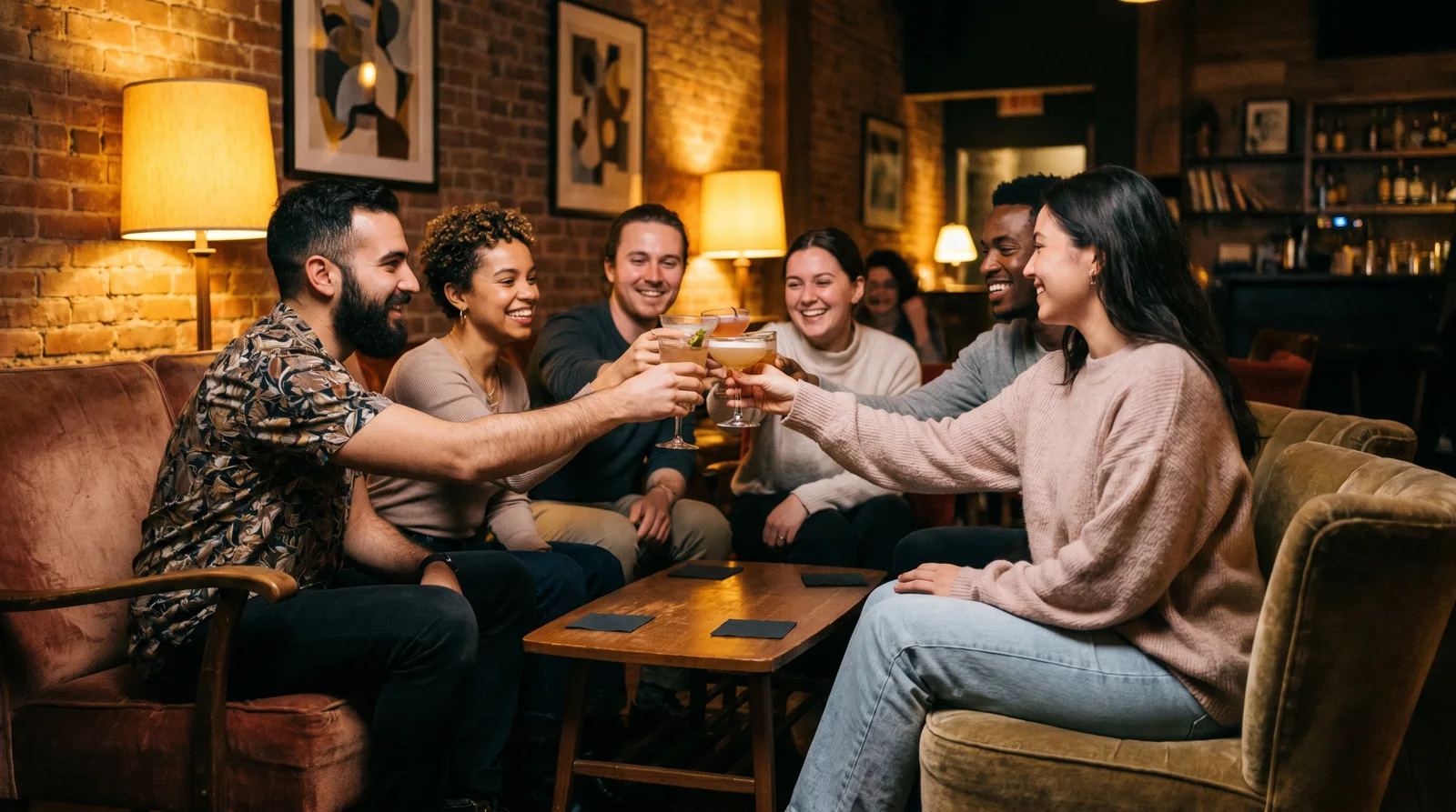 Diverse group of friends toasting with cocktails at a warm relaxed lounge