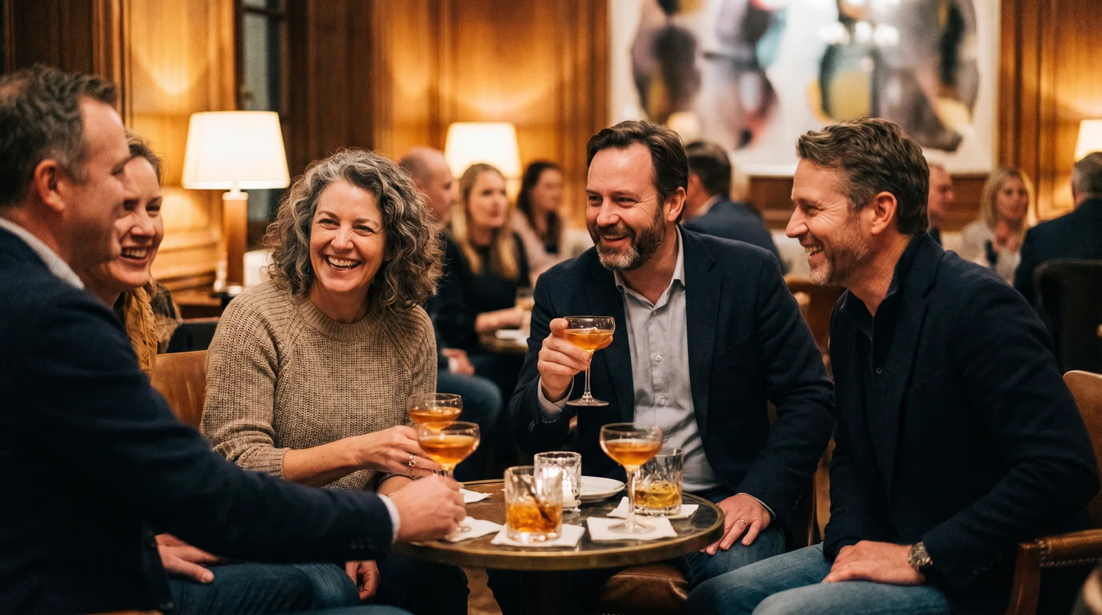 Well-dressed people in their 40s and 50s laughing over cocktails at a warm upscale lounge