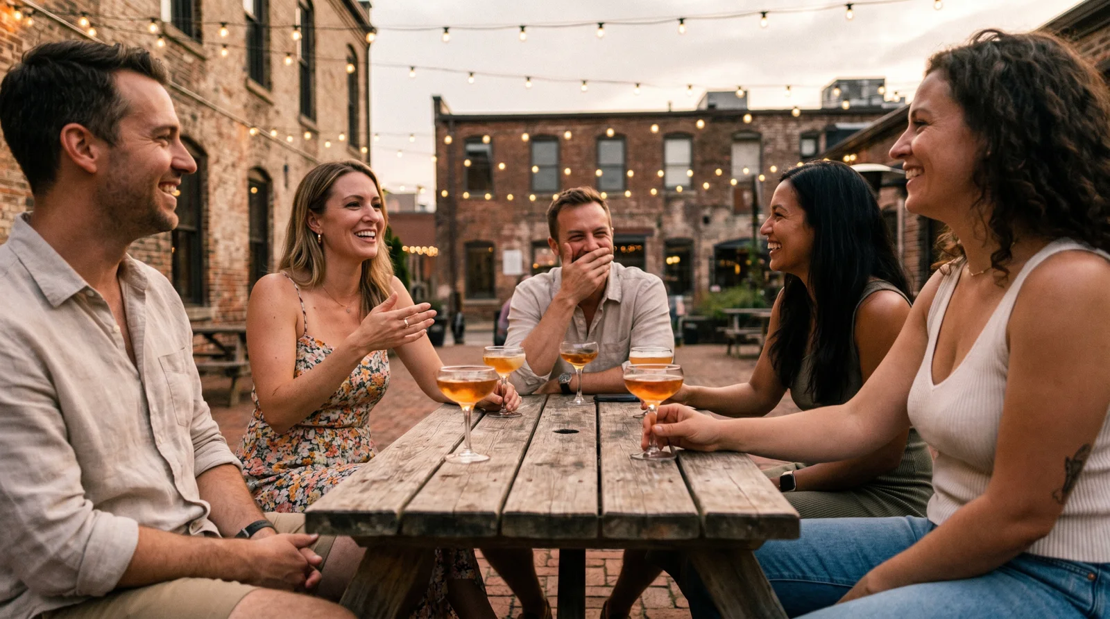 Group of people laughing with drinks on a warm brick patio in Little Rock