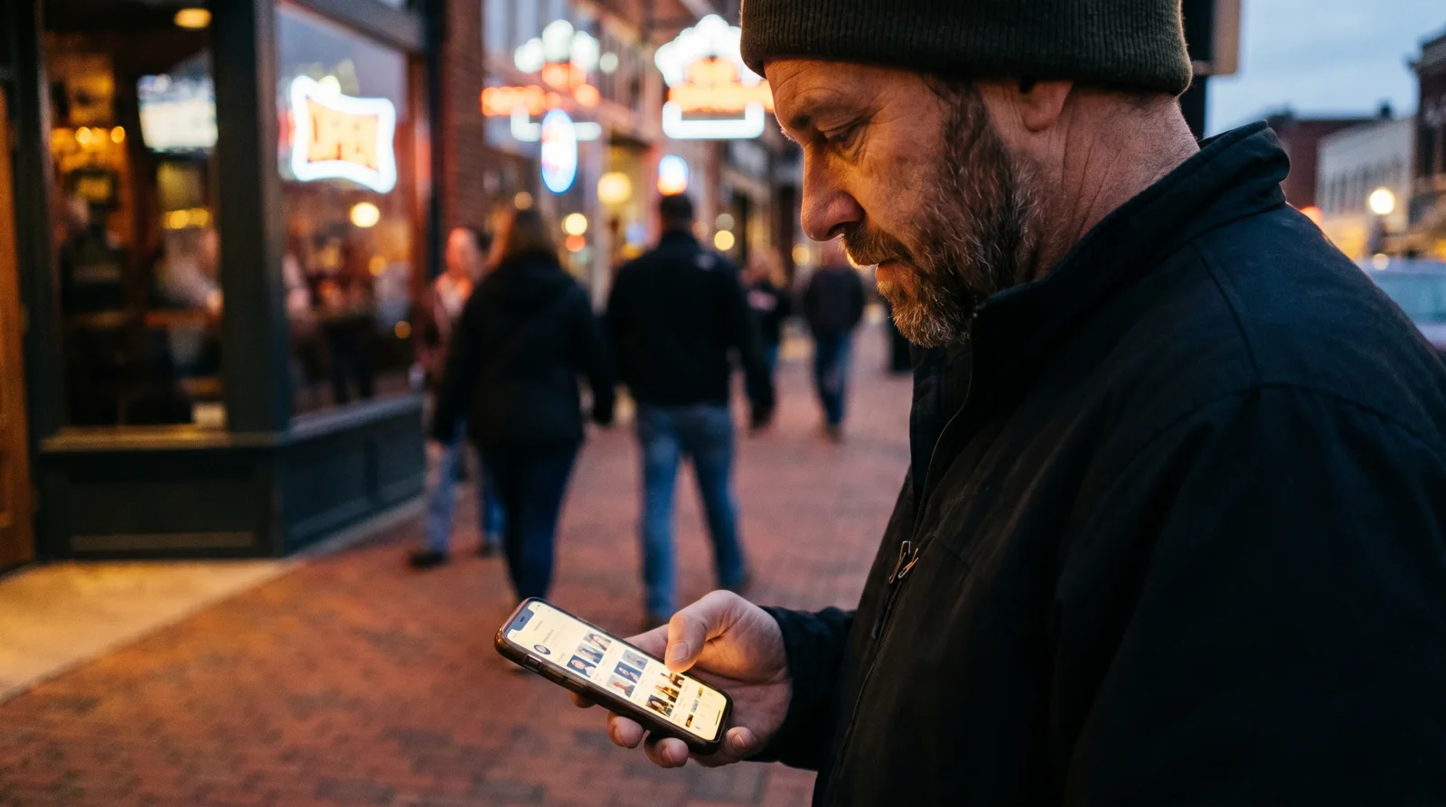 Man browsing dating profiles on a phone on a downtown Little Rock street at night