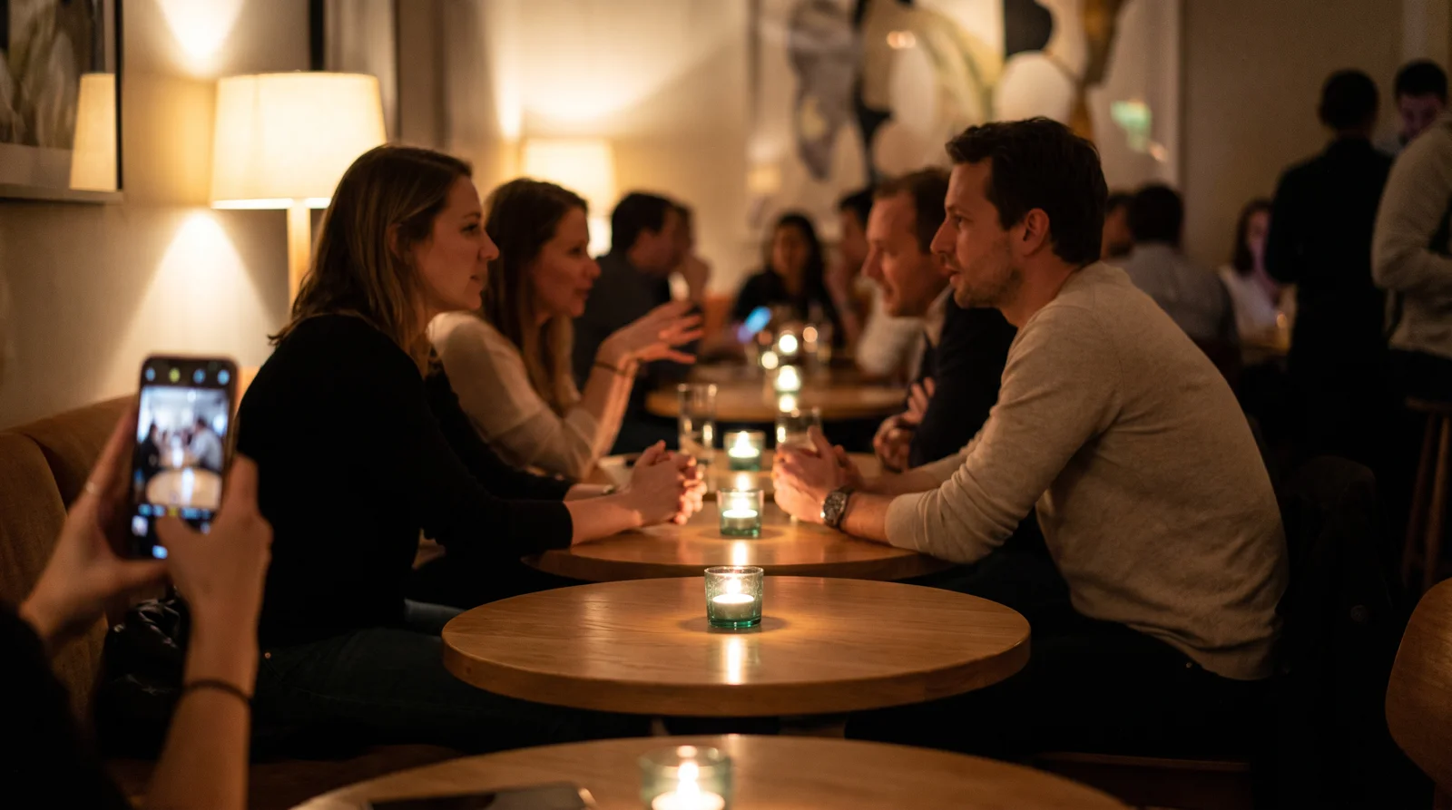 Pairs of people in conversation at small candlelit tables during a speed dating event