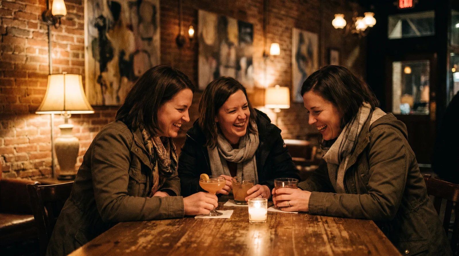 Stylish women having cocktails and laughing at a warm-lit Little Rock lounge