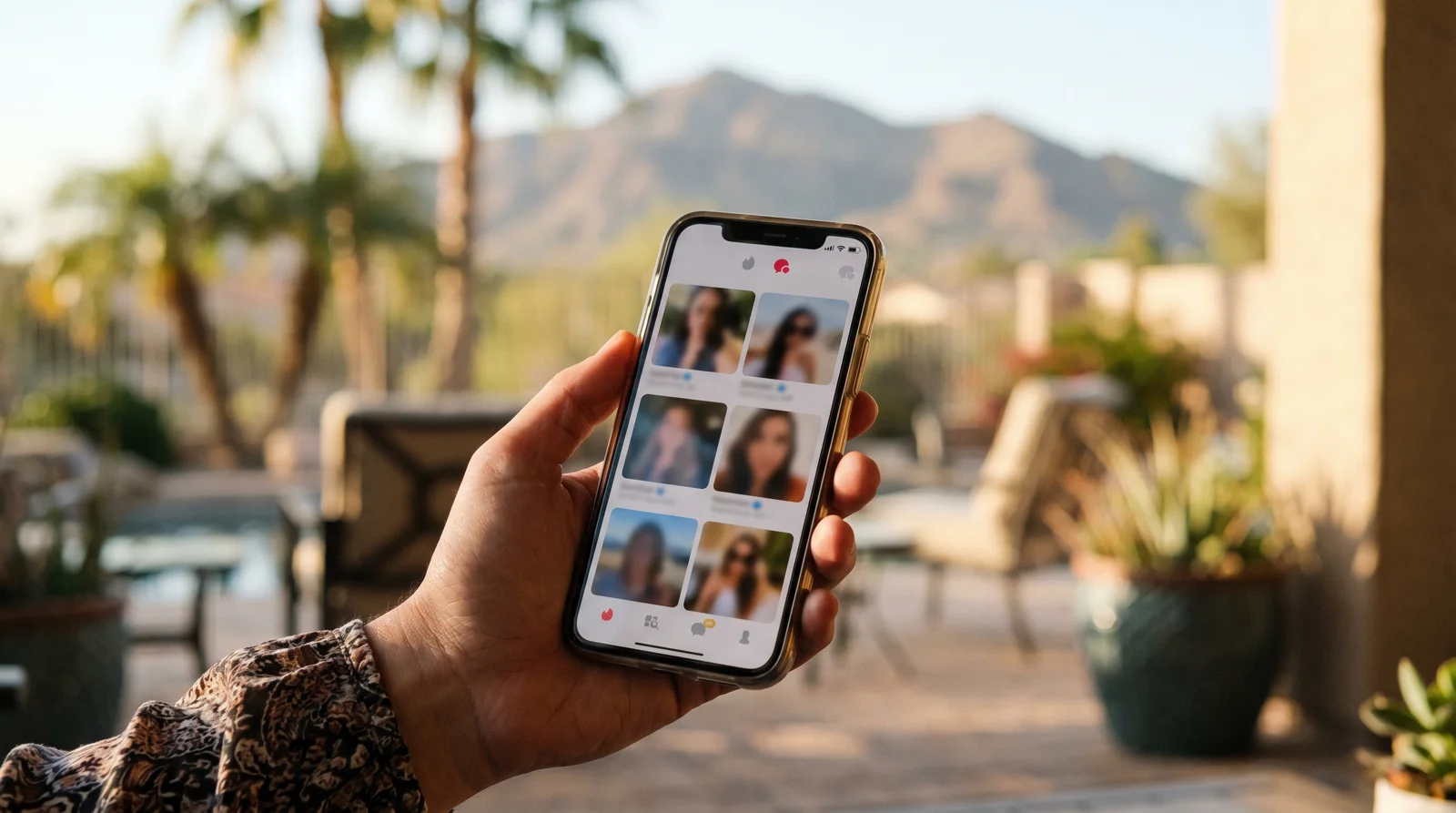 Hand holding a phone with a dating app open on a sunny Phoenix patio with palm trees and mountains behind