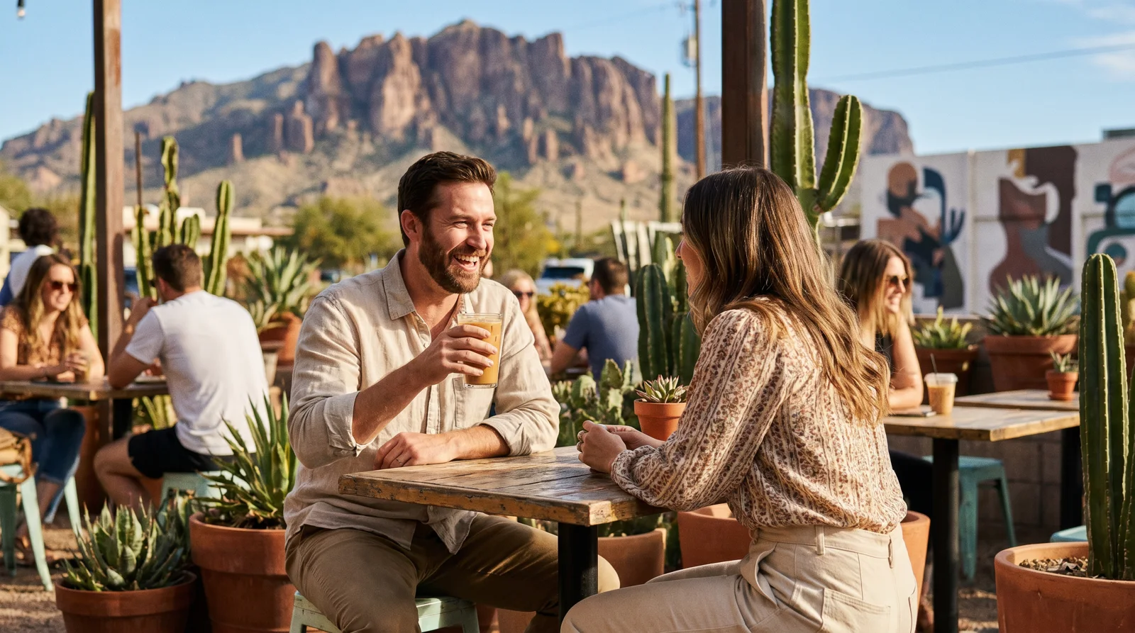 Man and woman on a relaxed daytime coffee date at a bright Phoenix cafe patio with desert plants and mountain views