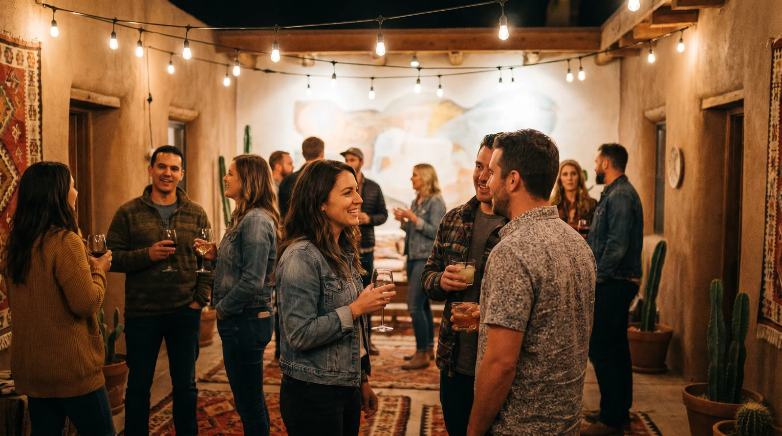 People mingling with drinks at a lively indoor singles mixer under string lights