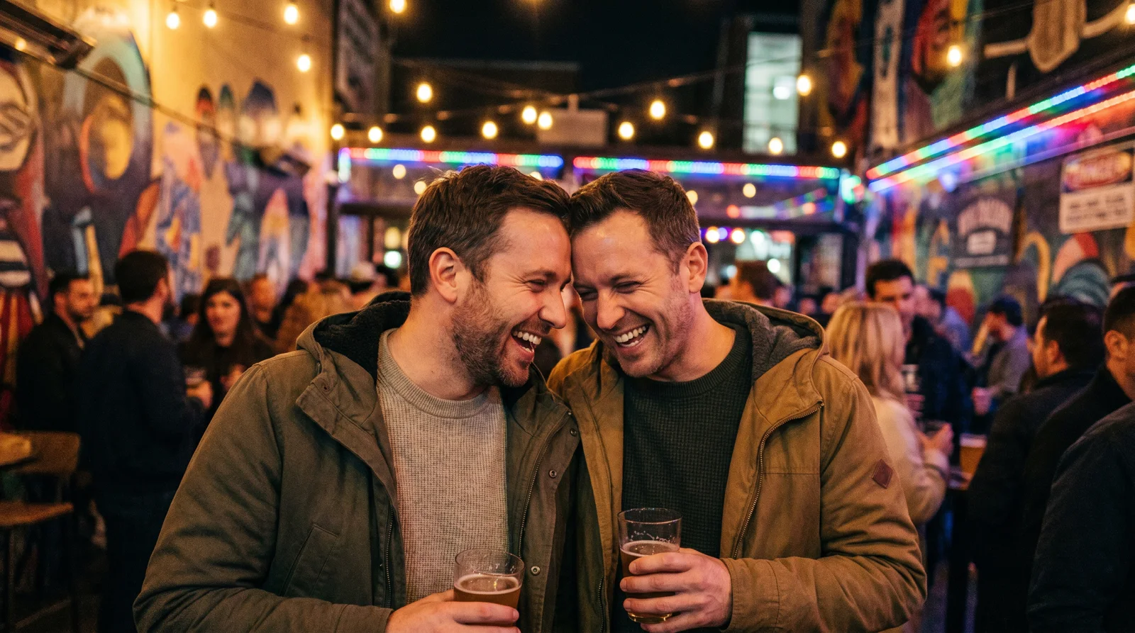 Two men laughing over cocktails at a stylish colorful bar