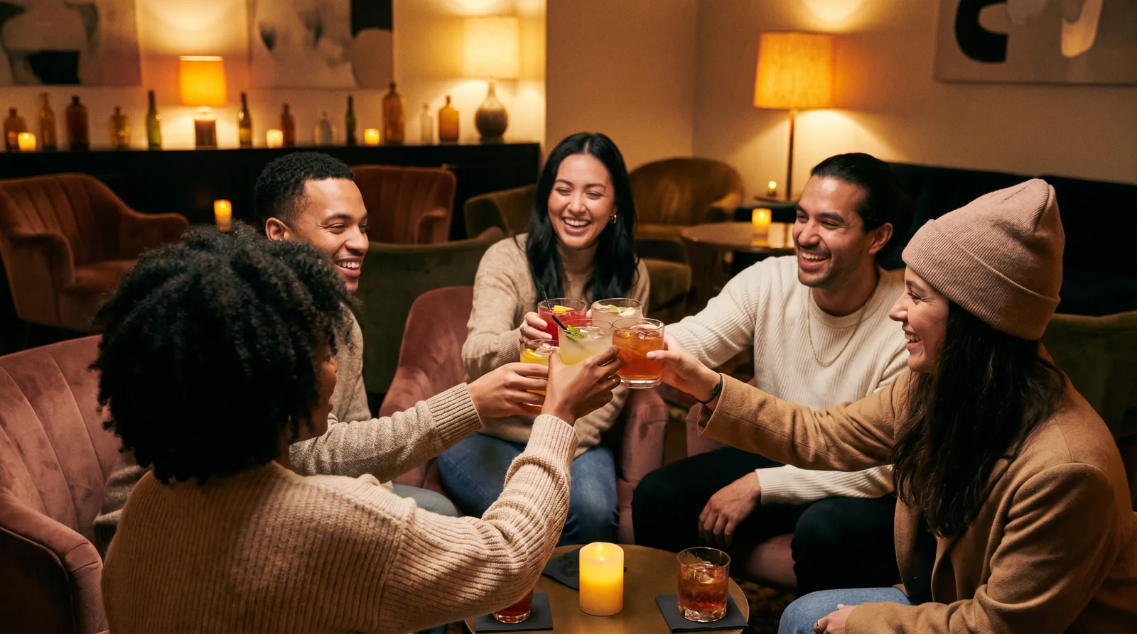 Diverse group of friends toasting with cocktails at a warm upscale lounge