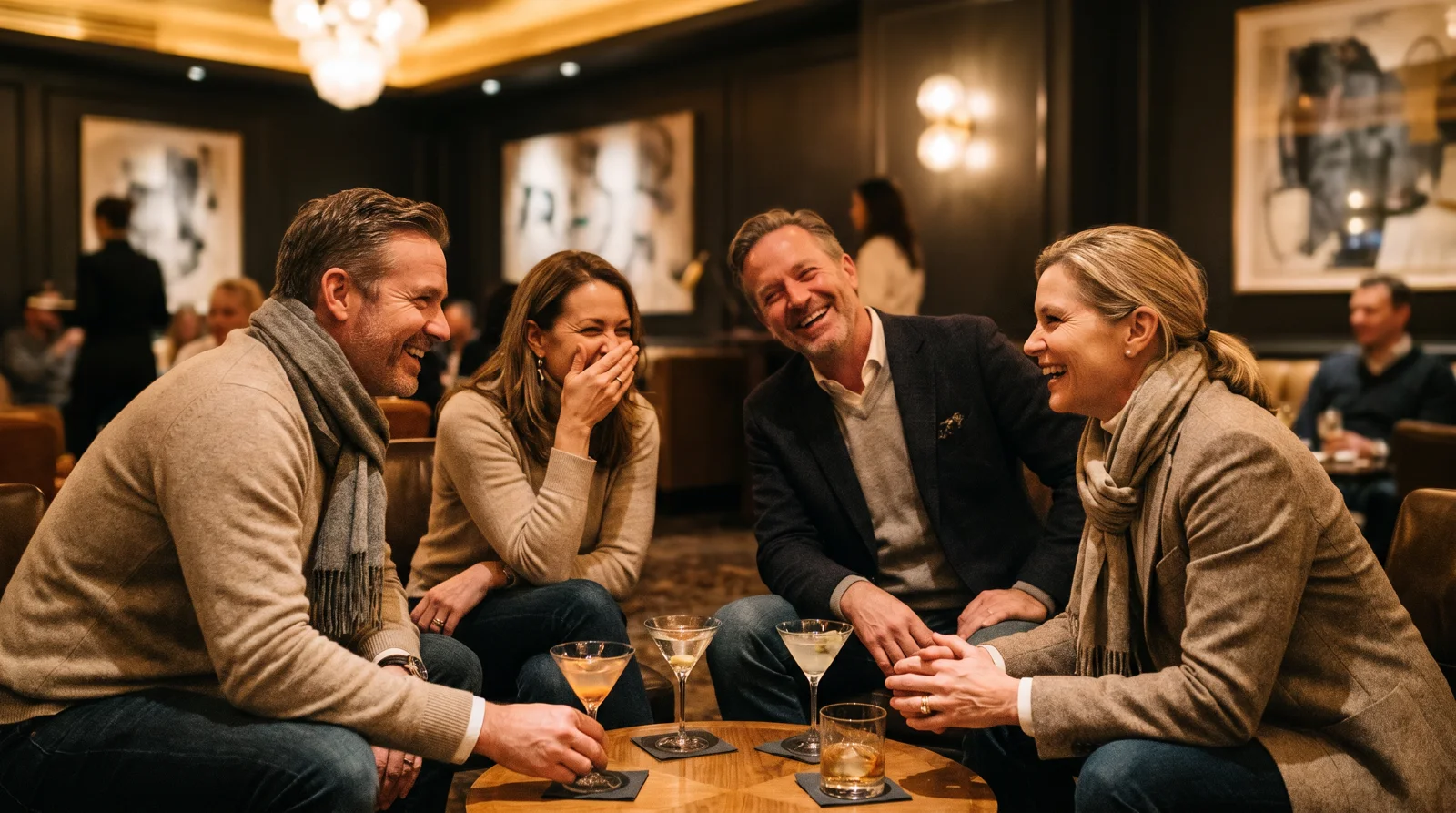 Well-dressed people in their 40s and 50s laughing over cocktails at an upscale lounge