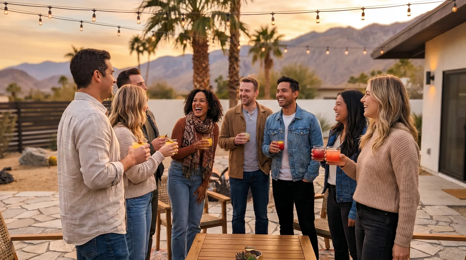 Crowd of young professionals socializing on a desert-modern Phoenix patio at sunset with palm trees and mountains behind