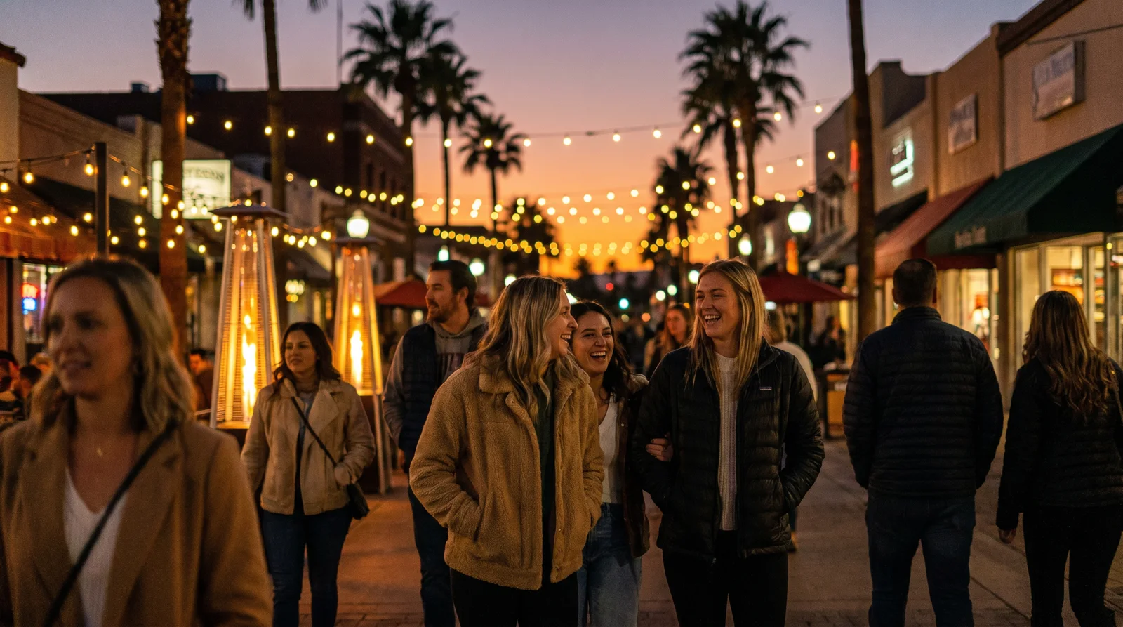 Stylish crowd socializing on a warm evening outside bars in a walkable Old Town Scottsdale street scene