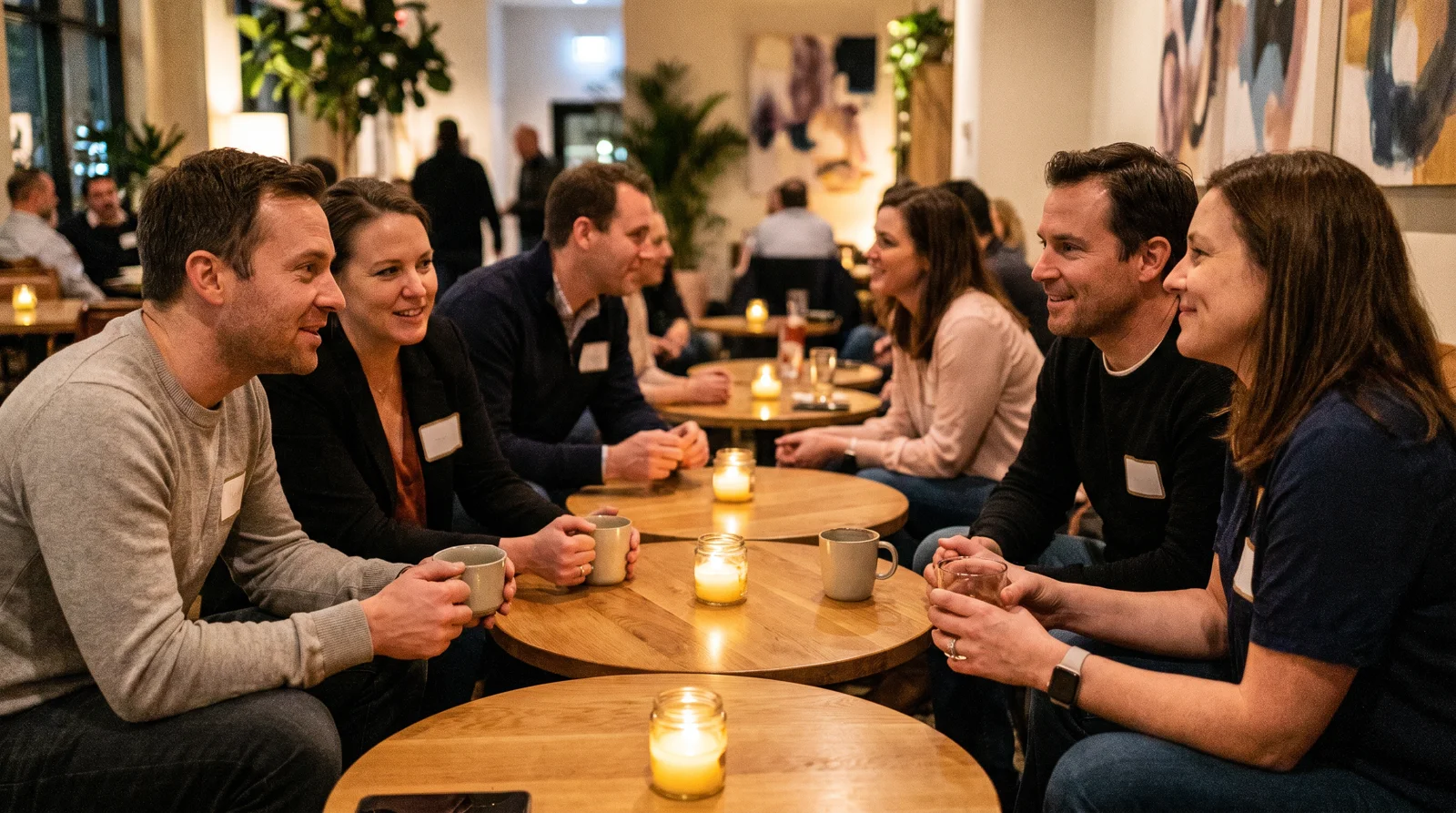 Pairs of people in conversation at small candlelit tables during a speed dating event