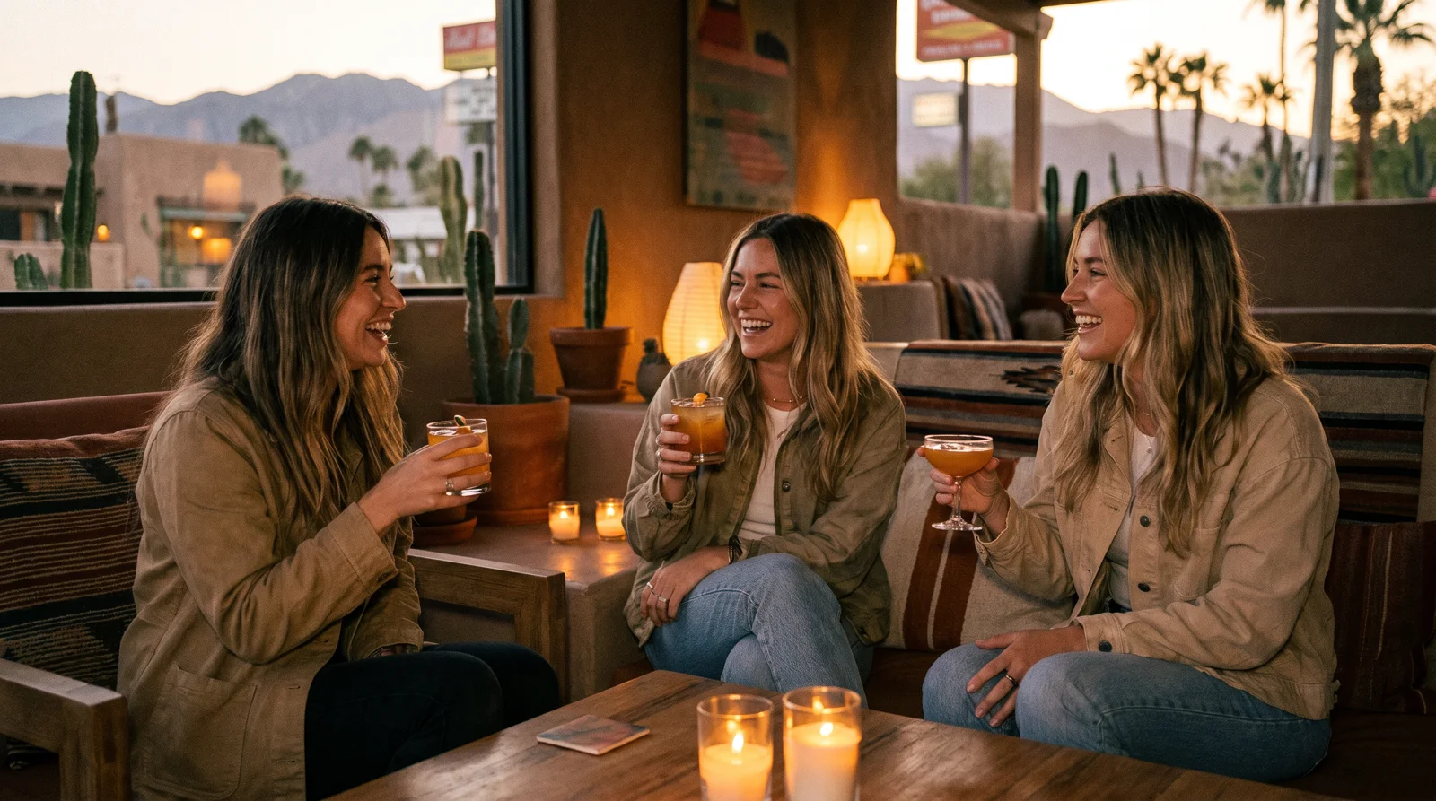 Stylish women having cocktails and laughing at a warm-lit Phoenix lounge