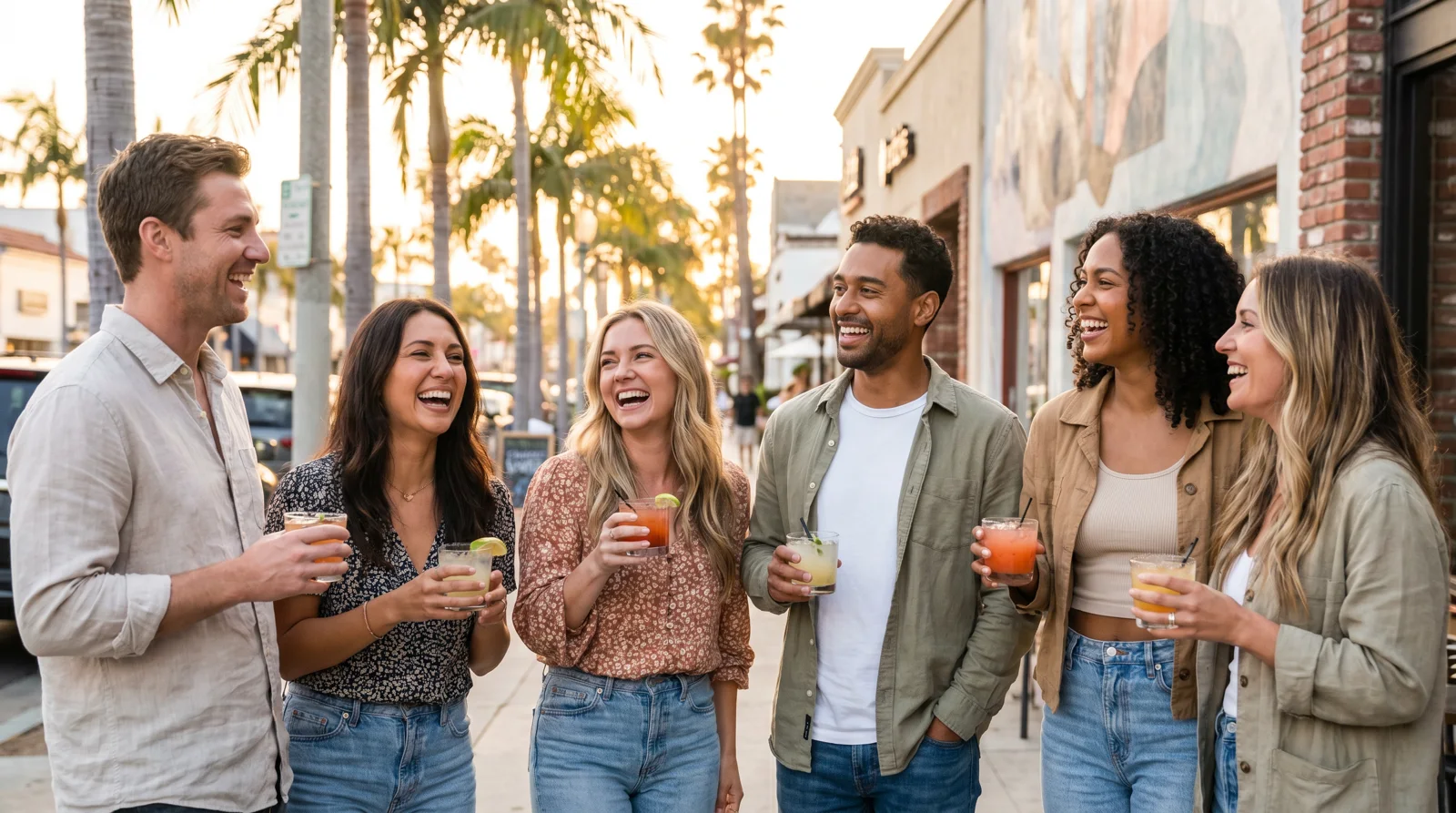 Group of people laughing with drinks on a lively palm-lined San Diego street at golden hour